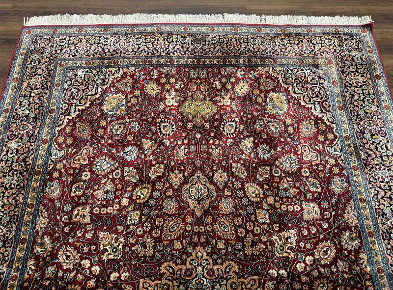 Indian Kashmiri Silk Rug 6x9, Red and Navy Blue, Floral Medallion, Fine 275 KPSI by Jewel Rugs