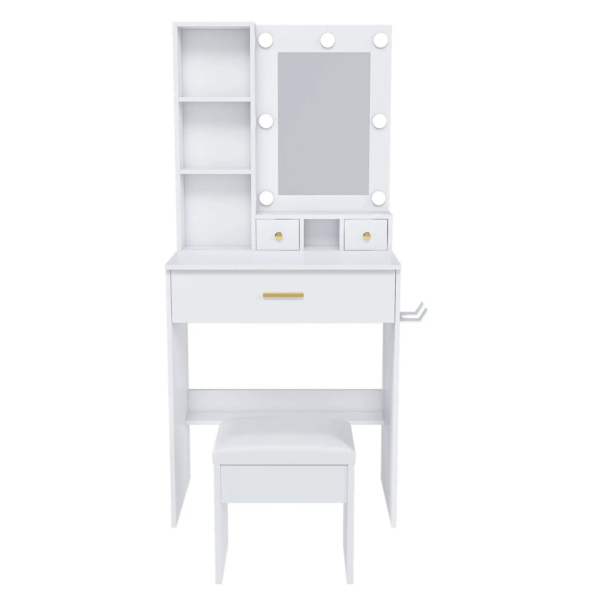 Vanity Table With Mirror, Adjustable LED Lights, Power Outlet, Hairdryer Holder & Stool by Unique Piece Furniture