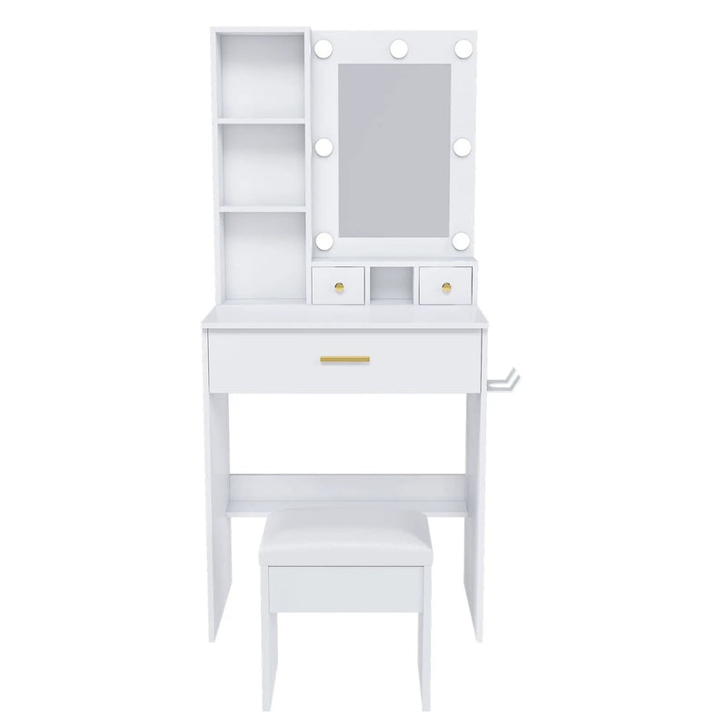 Vanity Table With Mirror, Adjustable LED Lights, Power Outlet, Hairdryer Holder & Stool by HouseOfZazla