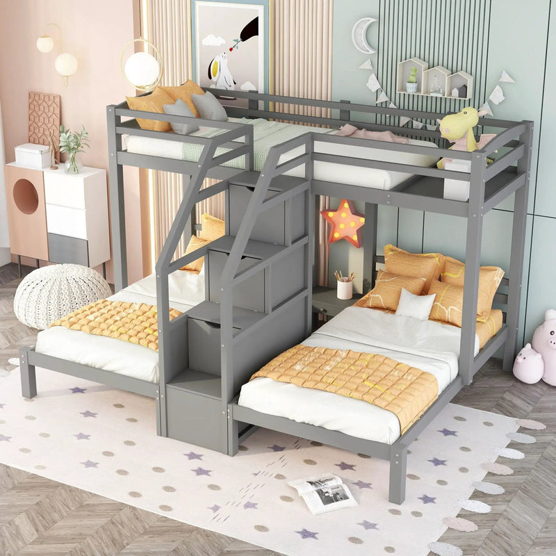 Twin Over Twin & Twin Bunk Bed With Built In Staircase And Storage Drawer - Gray by HouseOfZazla