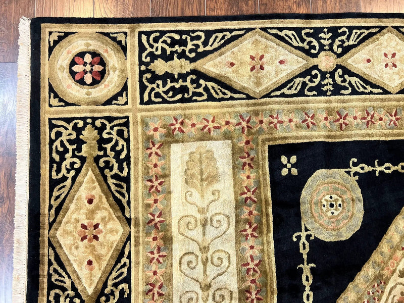 Tibetan Rug 8x10, Nepali Area Rug, Soft New Zealand Wool Carpet 8 x 10 ft, Black Tan Beige, Vintage Handmade Rug, French Aubusson Pattern by Jewel Rugs