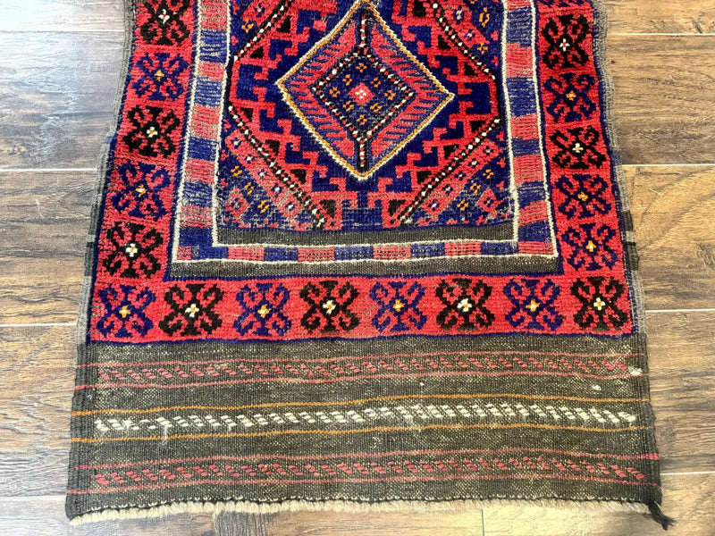 Turkoman Runner Rug 2 x 8.6, Skinny Runner, Handmade Wool Carpet for Hallway, Red and Blue, Wool, Vintage 8ft Runner by Jewel Rugs