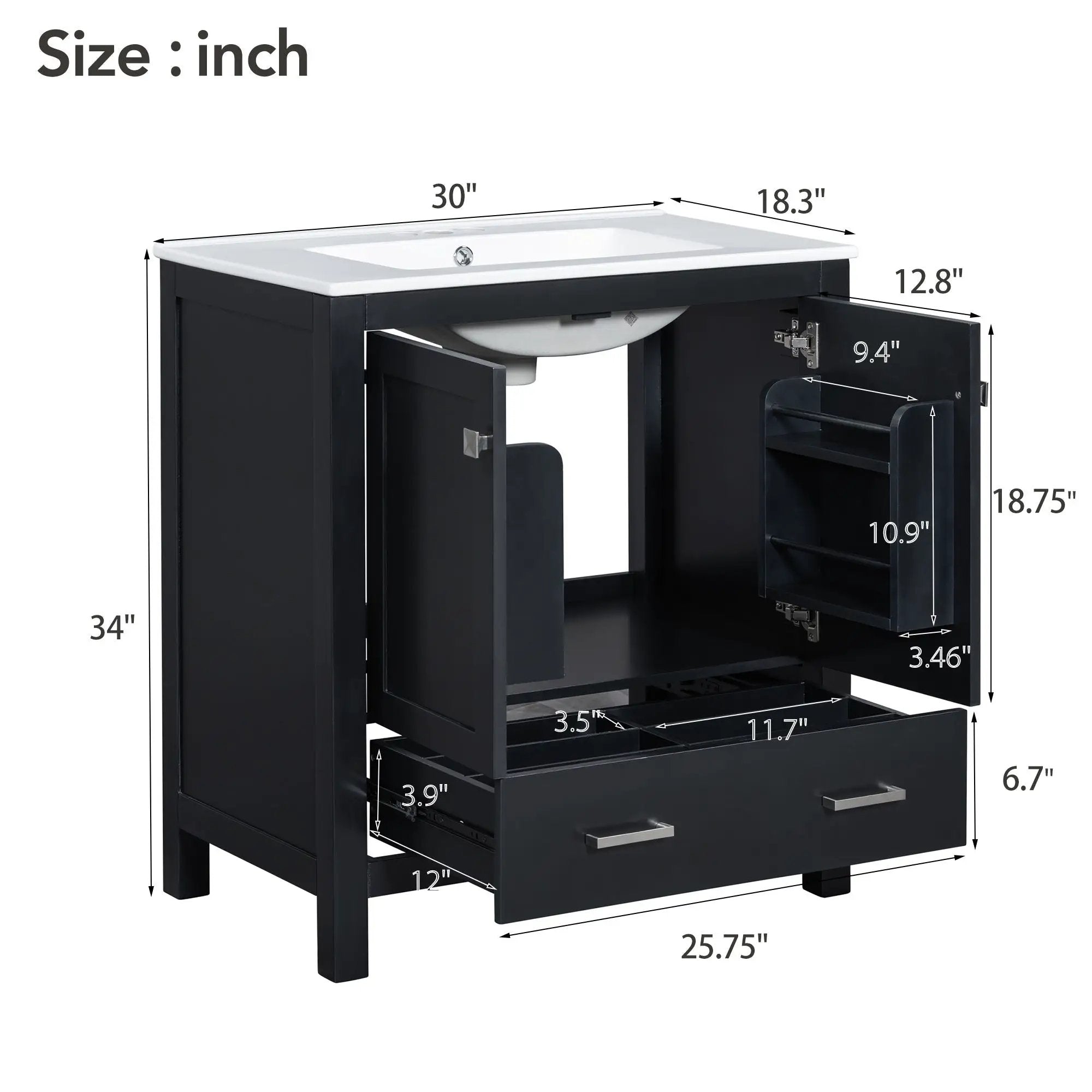Bathroom Vanity With Single Sink, Combo Cabinet Undermount Sink, Bathroom Storage Cabinet With Two Doors And A Drawer, Soft Closing, Multifunctional Storage, Solid Wood Frame by HouseOfZazla