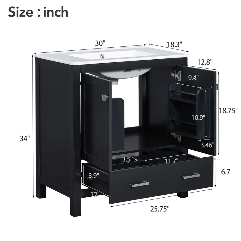 Bathroom Vanity With Single Sink, Combo Cabinet Undermount Sink, Bathroom Storage Cabinet With Two Doors And A Drawer, Soft Closing, Multifunctional Storage, Solid Wood Frame by HouseOfZazla