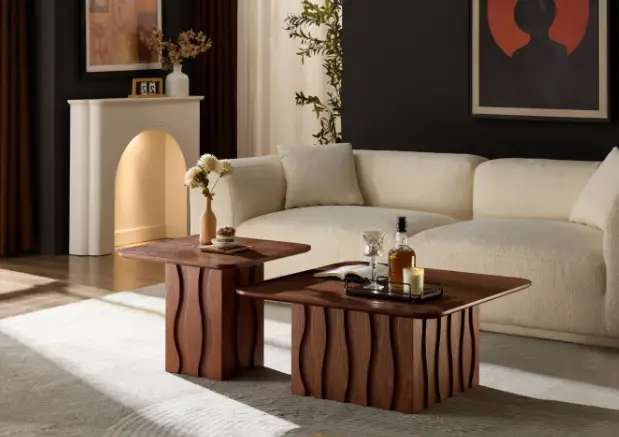 2PCS Nesting Square Coffee Table Mid-Century Wavy Fluted Base by HouseOfZazla