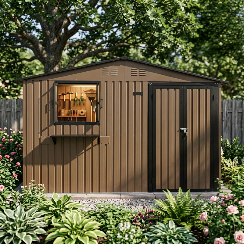 10x8 Ft Outdoor Metal Storage Shed with Window & Flower Rack by HouseOfZazla