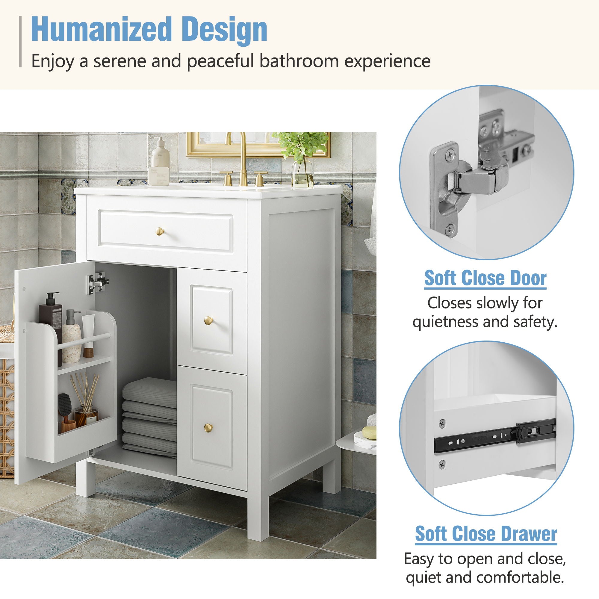 Elegant Bathroom Vanity With Ceramic Sink, Soft Close Doors And Drawers, Double Storage Racks by HouseOfZazla