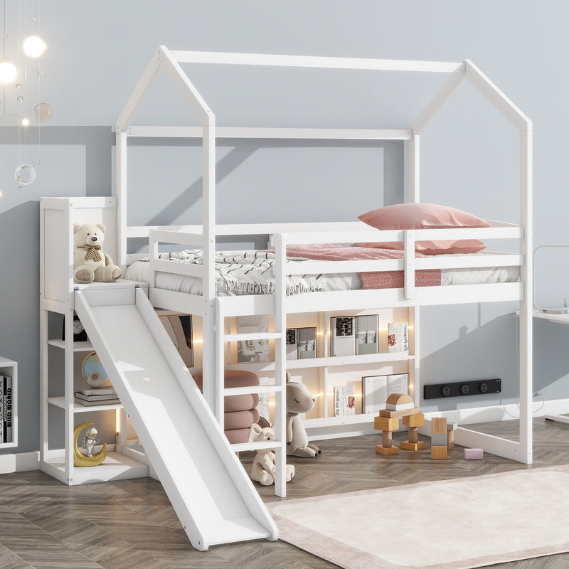 House Loft Bed With Slide, Storage Shelves And Light, Climbing Ramp by Unique Piece Furniture