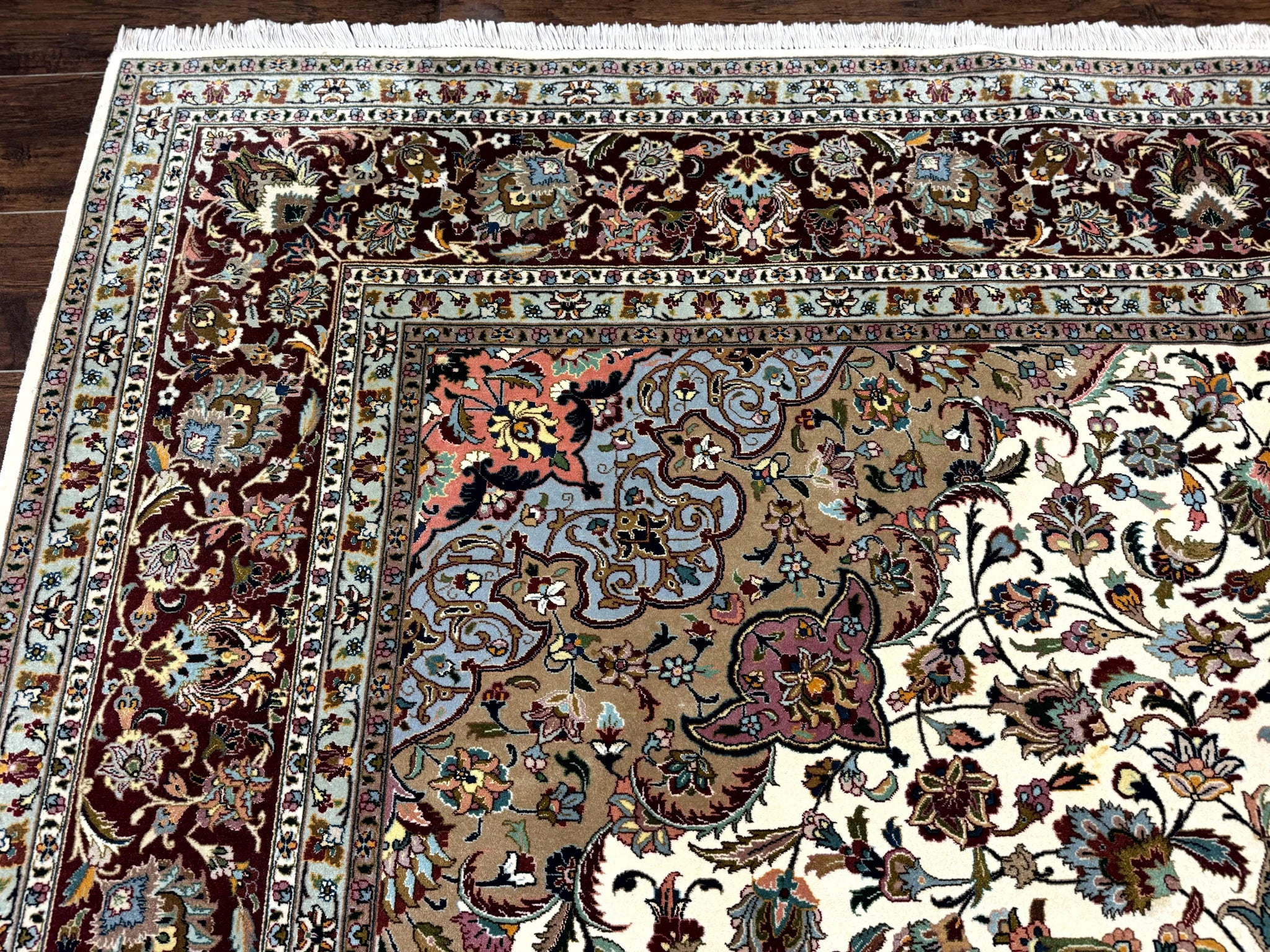 Persian Tabriz Rug 8x11, Floral Medallion Traditional Area Rug, Fine 300 KPSI, Ivory Maroon by Jewel Rugs
