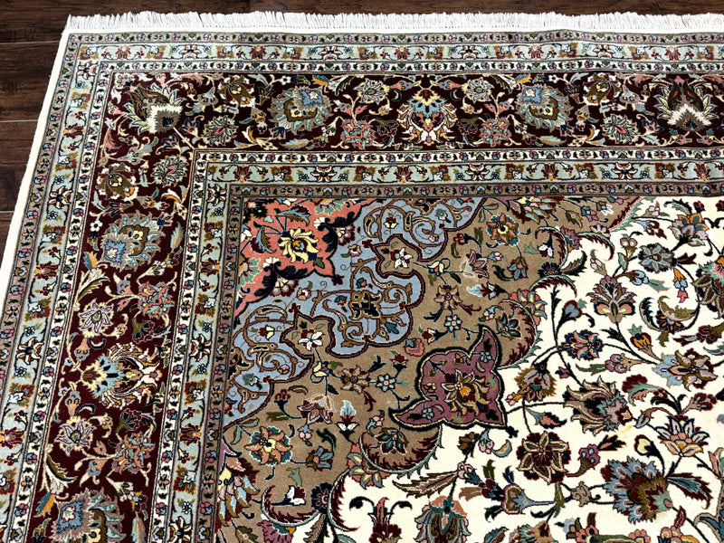 Persian Tabriz Rug 8x11, Floral Medallion Traditional Area Rug, Fine 300 KPSI, Ivory Maroon by Jewel Rugs