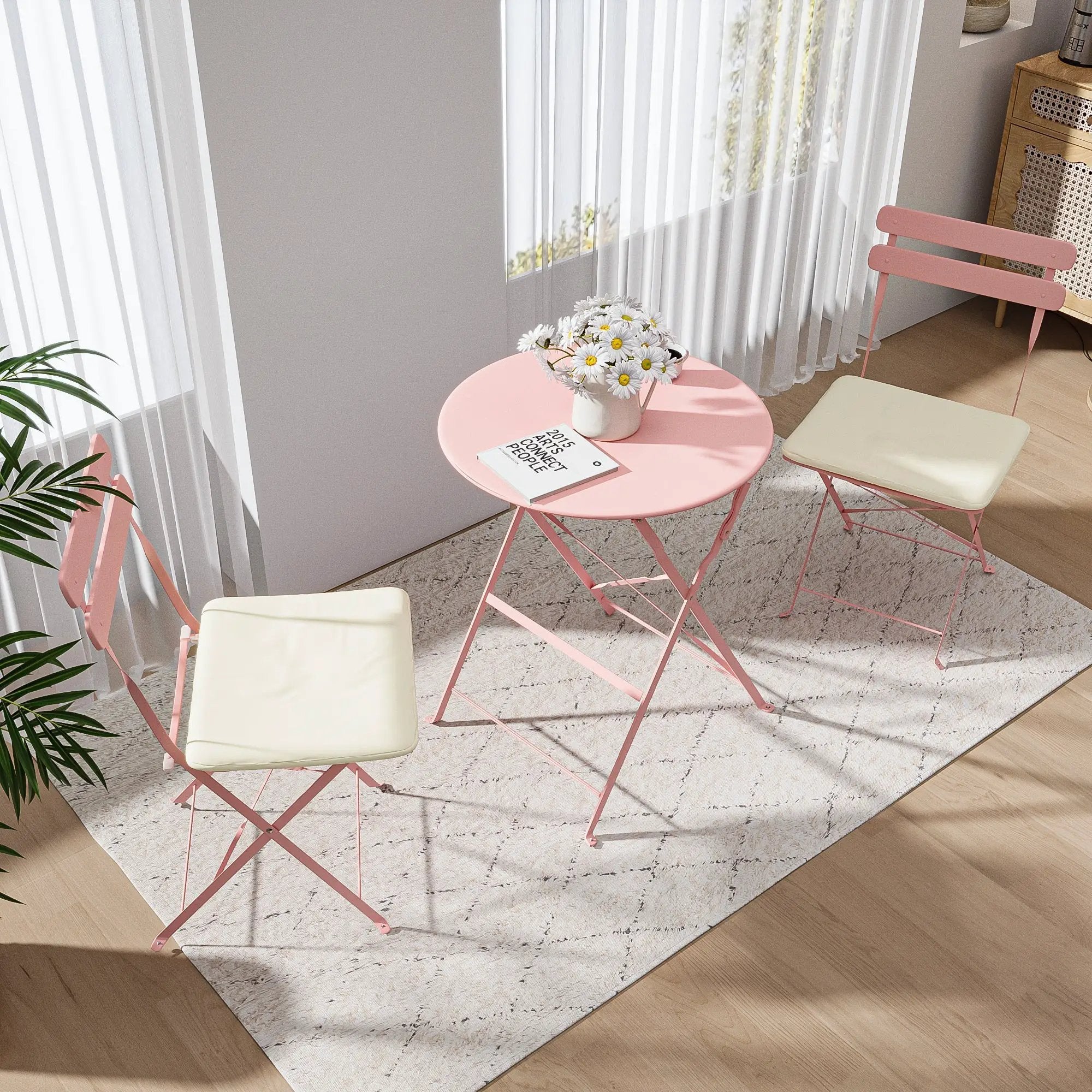 3 Pieces Patio Bistro Balcony Metal Chair Table Set - Pink by HouseOfZazla