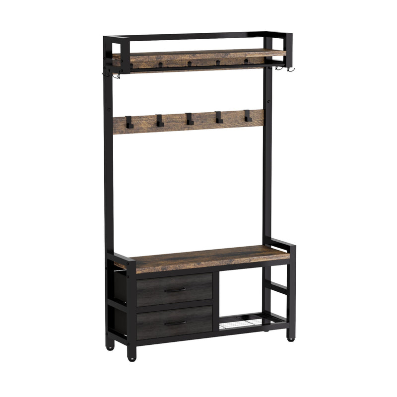 Hall Tree With 2 Movable Drawers, Shoe Storage, Shelves, Garment Racks, And 23 Hooks For Entryway - Rustic Brown by HouseOfZazla