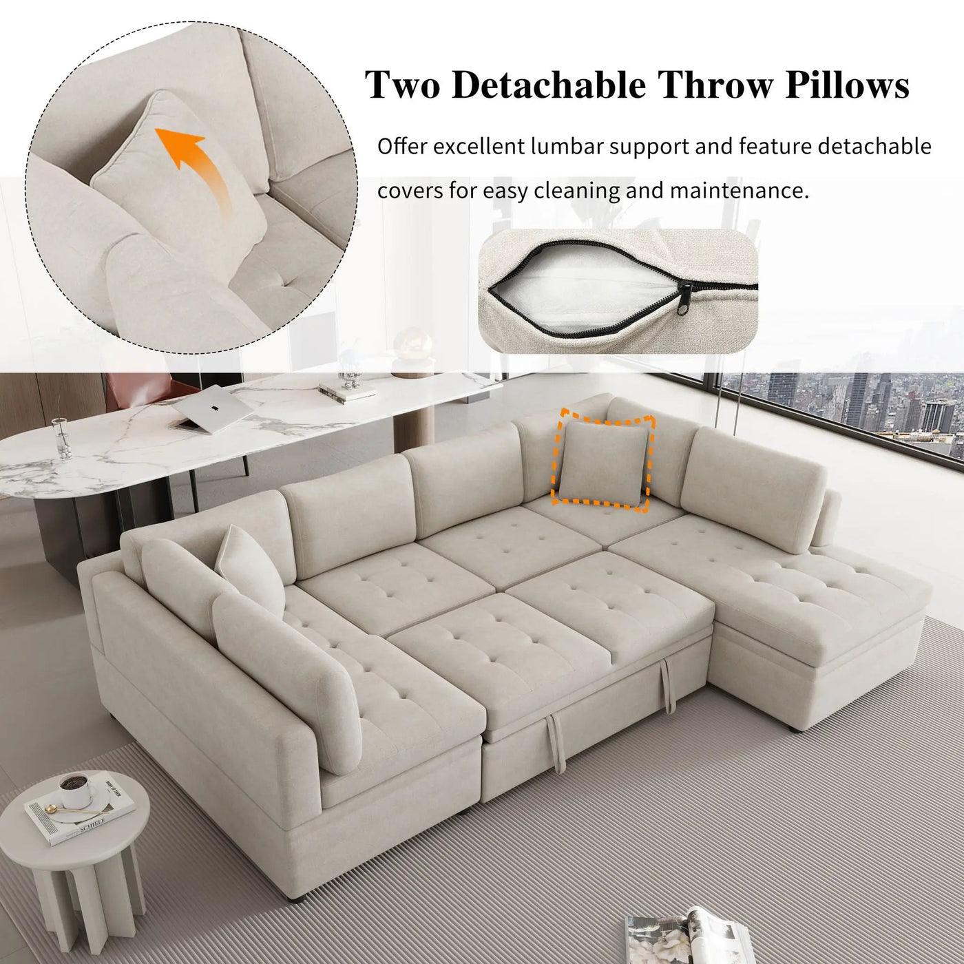 Oversized Sectional Sofa U-Shaped Sofa Couch Pull-Out Sofa Bed With Two Throw Pillows For Living Room by Unique Piece Furniture