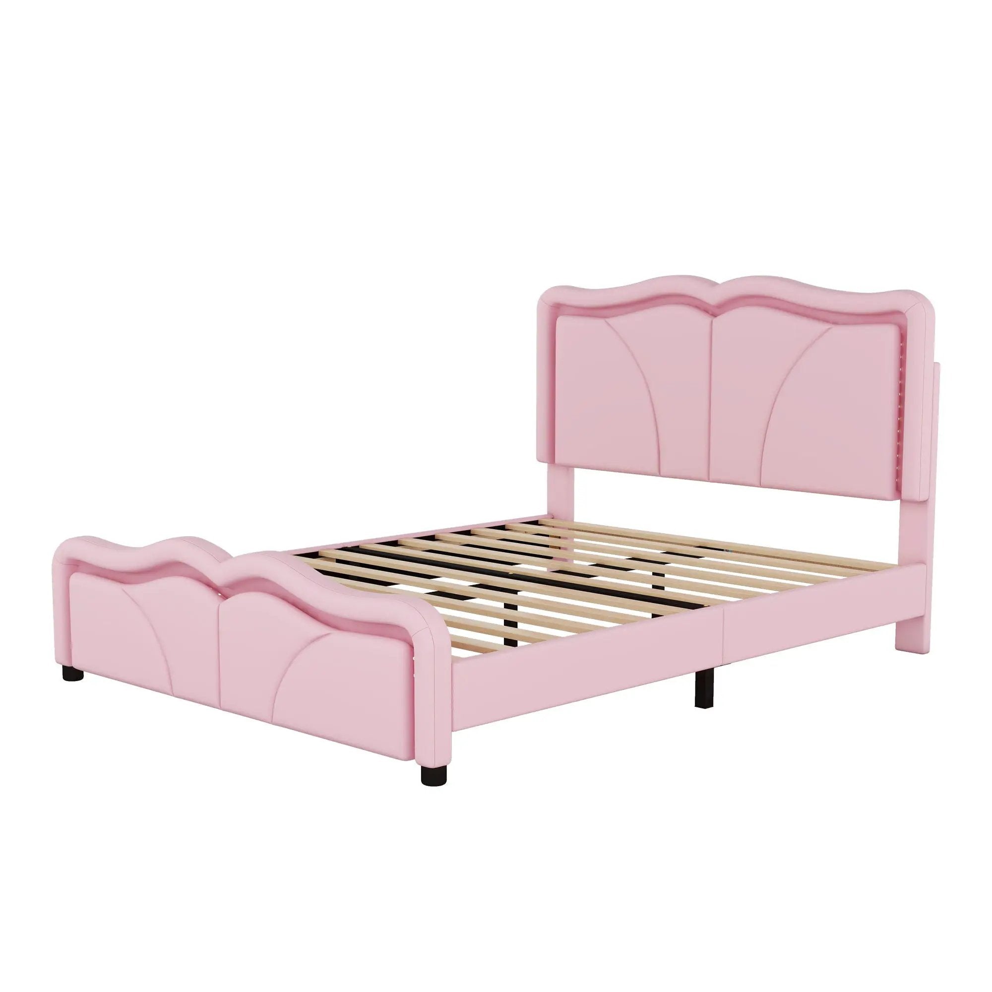 Upholstered Platform Bed & Curve Shaped And Height Adjustable Headboard, LED Light Strips by HouseOfZazla