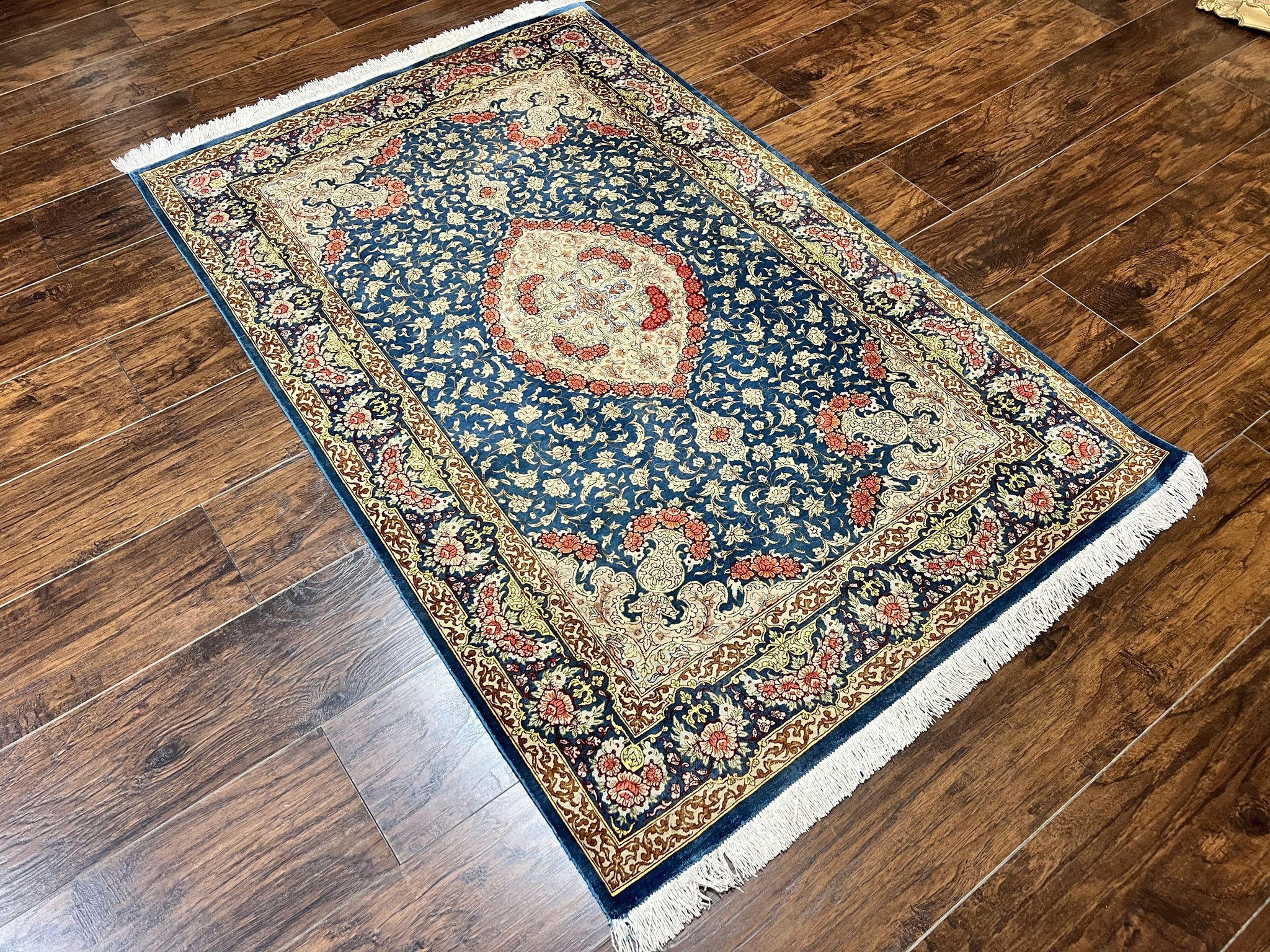 Magnificent Persian Qum Silk Rug 3x5, Blue, Super Fine 675 KPSI - 70 Raj, Floral Roses, Handmade Vintage Silk Carpet, Masterpiece by Jewel Rugs