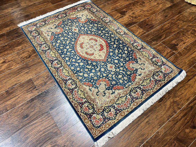 Magnificent Persian Qum Silk Rug 3x5, Blue, Super Fine 675 KPSI - 70 Raj, Floral Roses, Handmade Vintage Silk Carpet, Masterpiece by Jewel Rugs