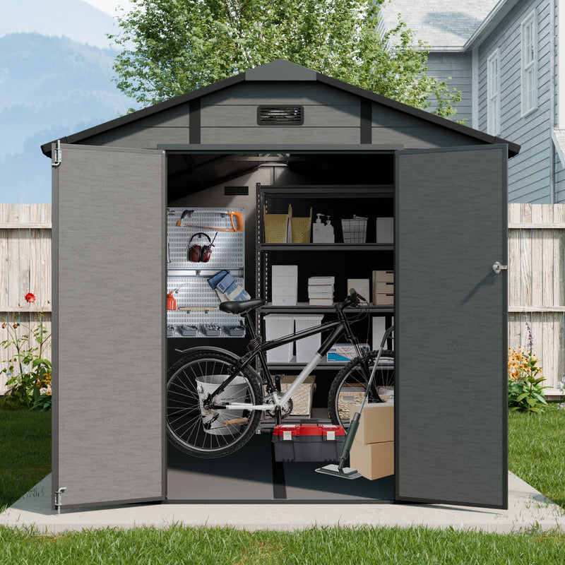 8x14 FT Plastic Outdoor Storage Shed - Lockable Resin Tool Shed with 2 Window & 3 Air vents by HouseOfZazla