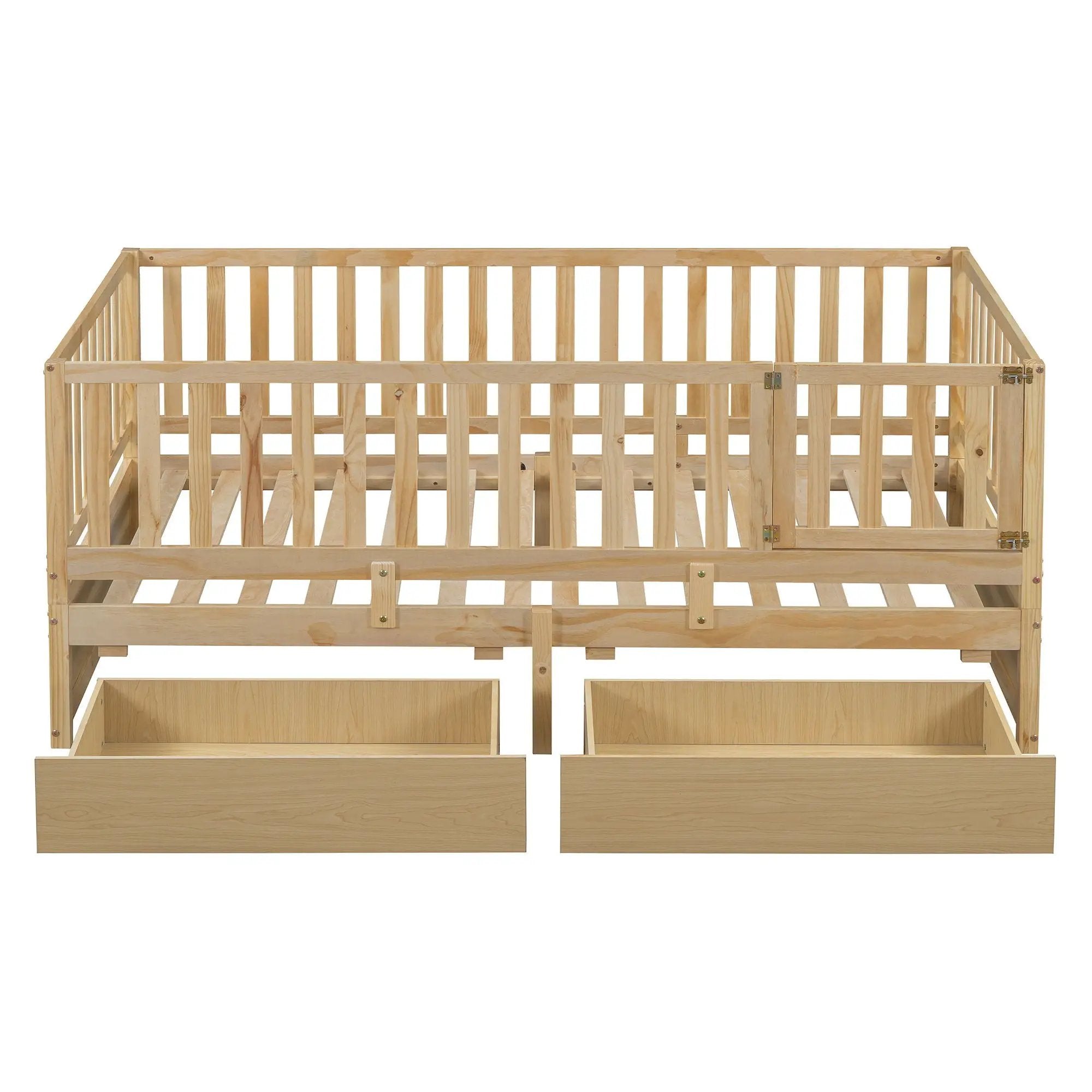 Daybed With Fence Guardrails And 2 Drawers, Split Into Independent Floor Bed & Daybed by HouseOfZazla
