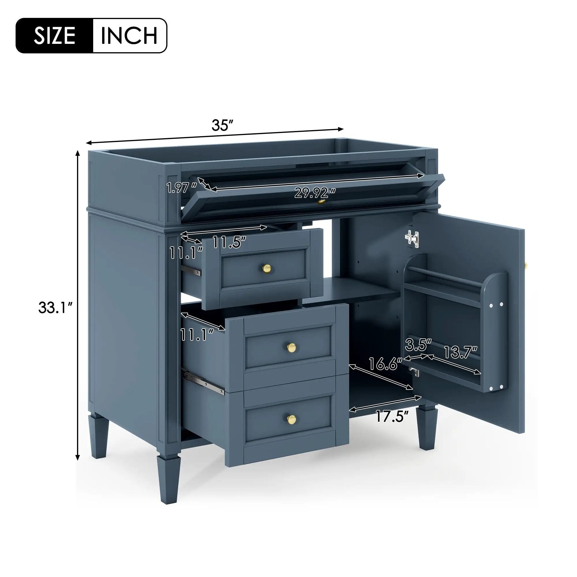 Bathroom Vanity With 2 Drawers And Tip-Out Drawer, Storage Cabinet by Unique Piece Furniture