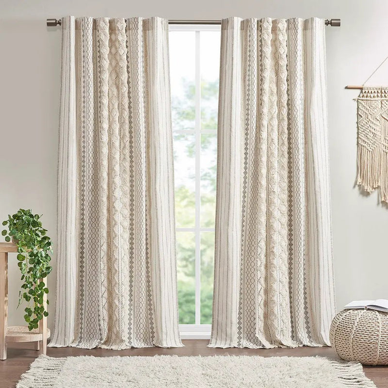 Cotton Printed Curtain Panel with Chenille Stripe and Lining Ivory 50x95 by HouseOfZazla