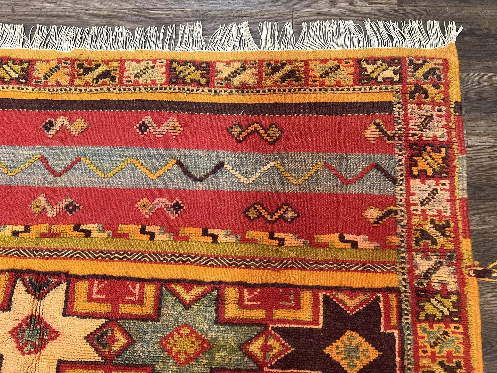Unique Moroccan Rug 7x10, Room Sized Carpet, Red Orange Gray, Wool Oriental Striped Geometric Tribal Boho Rug, Flatweave with Raised Pile by Jewel Rugs