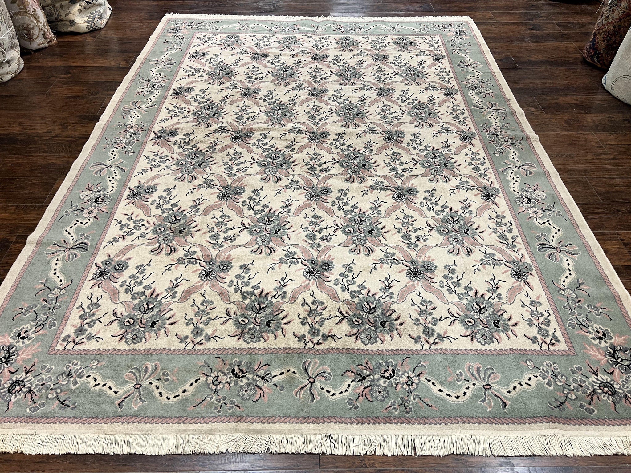 Belgium Power Loomed Rug 8x11, Ivory and Green, Wool Carpet, Floral by Jewel Rugs