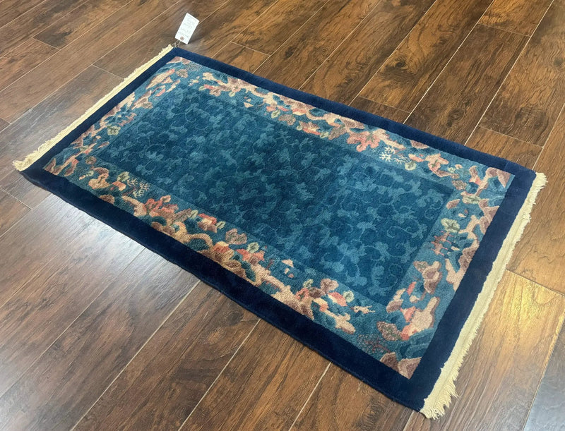 Blue Chinese Wool Rug 2.5 x 4, Peking Rug, Fete Rug, Semi Antique Chinese Carpet by Jewel Rugs