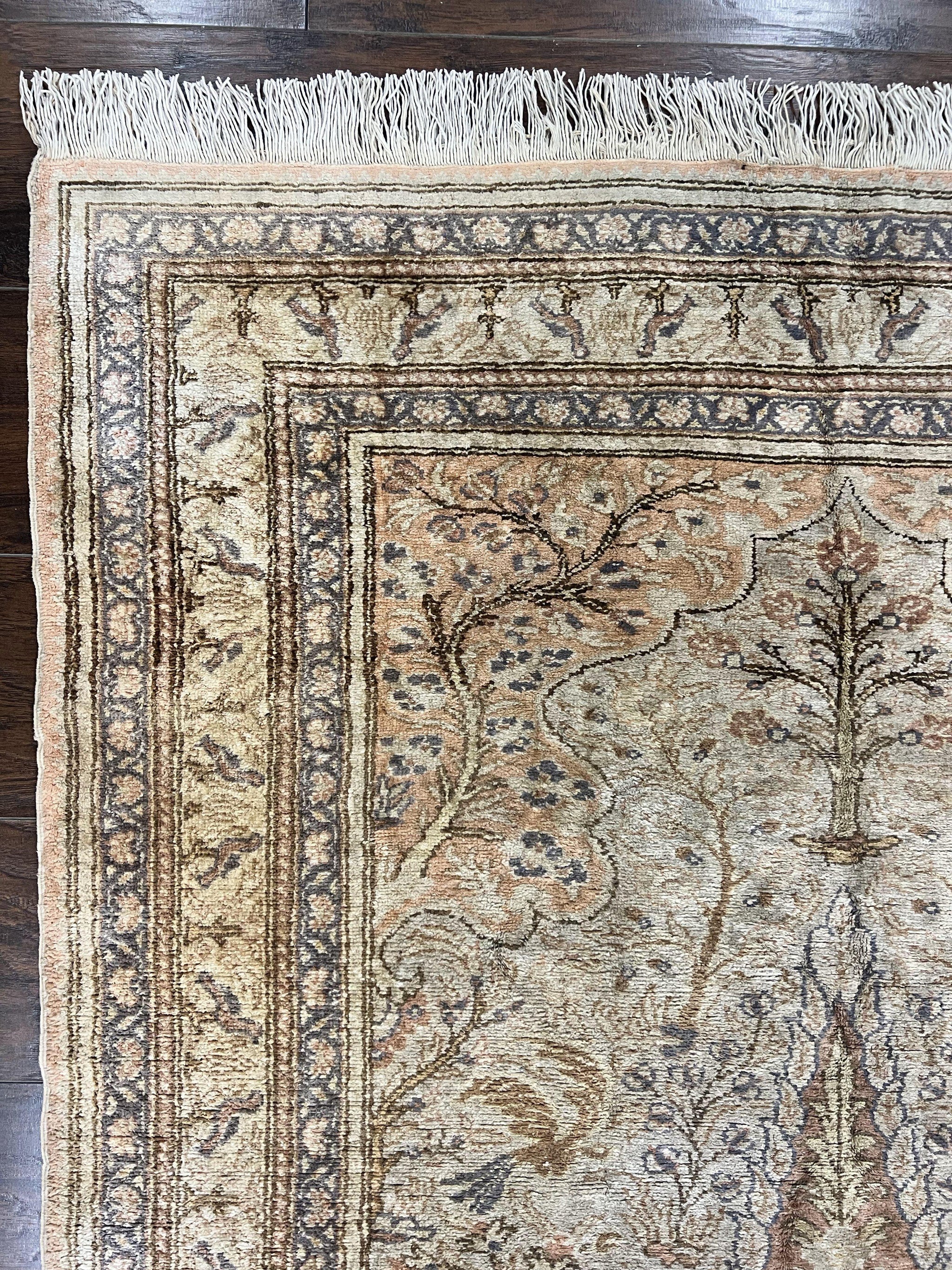 Turkish Kayseri Silk Rug 4x6, Tree of Life Pattern, Vintage Handmade Hand Knotted Carpet, Animal Pictorials, Birds by Jewel Rugs
