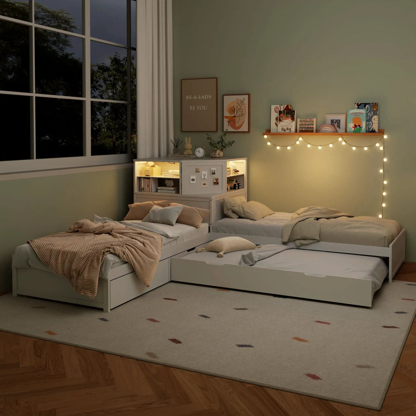 L-Shaped Bed Frame With Trundle, Built In Desk & LED Lighting by HouseOfZazla