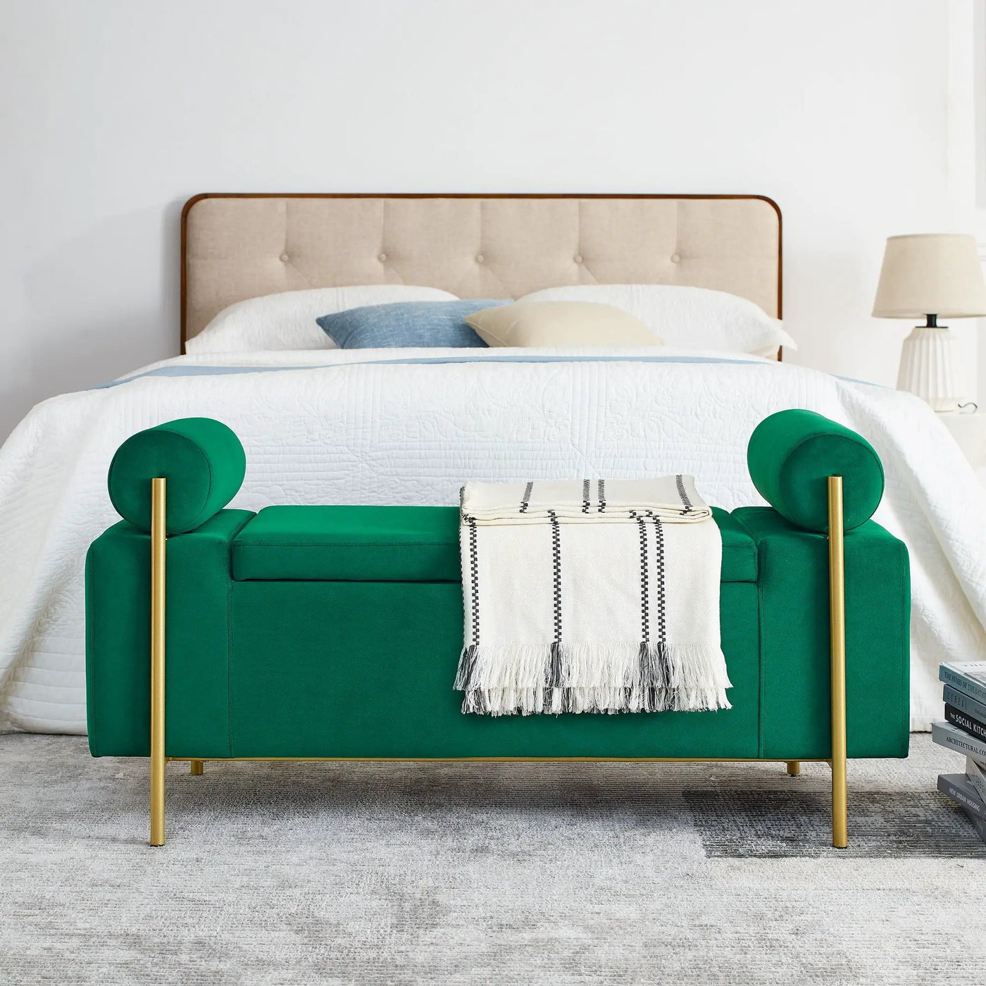 Elegant Upholstered Storage Bench With Cylindrical Arms And Iron Legs, by Unique Piece Furniture