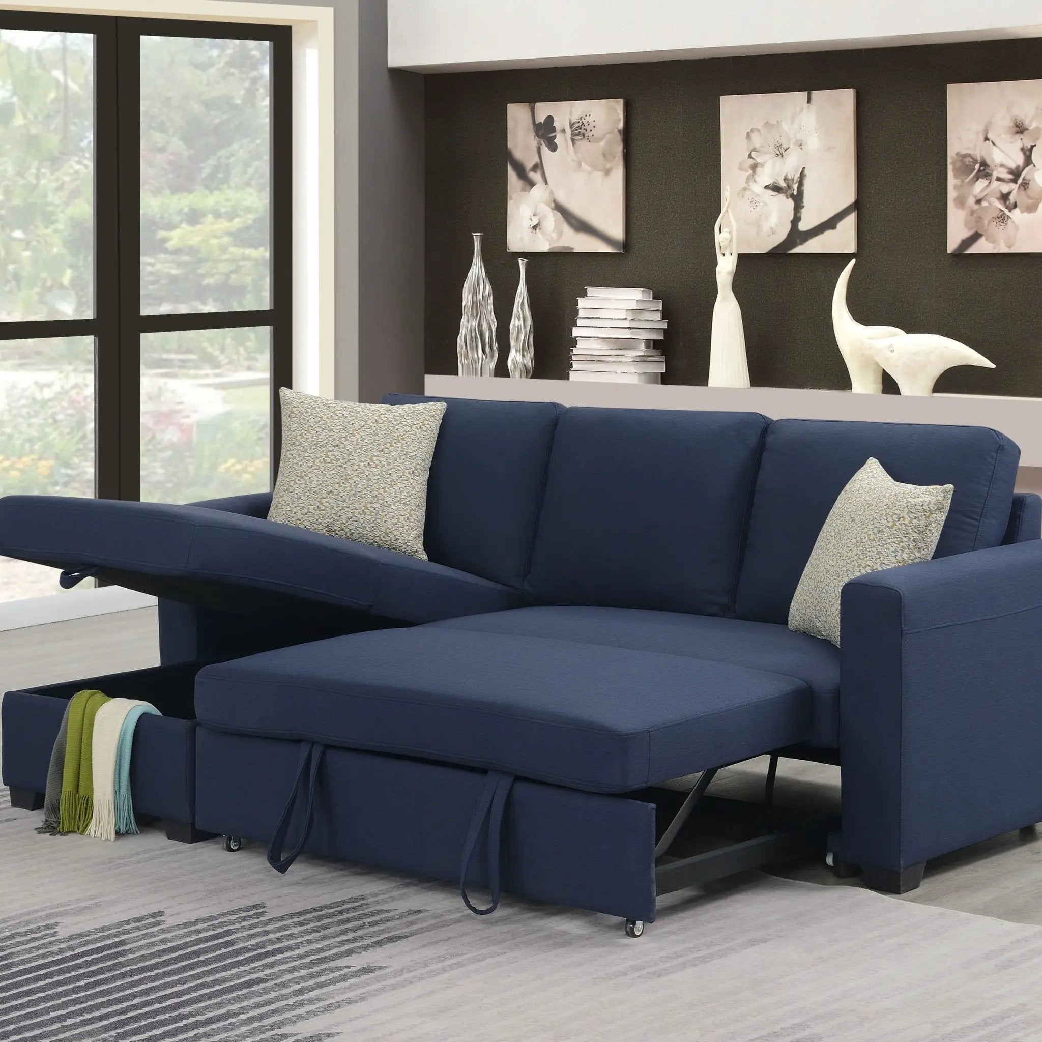 Reversible Sectional With Pop Up Sleeper And Hidden Storage Chaise - Navy by HouseOfZazla