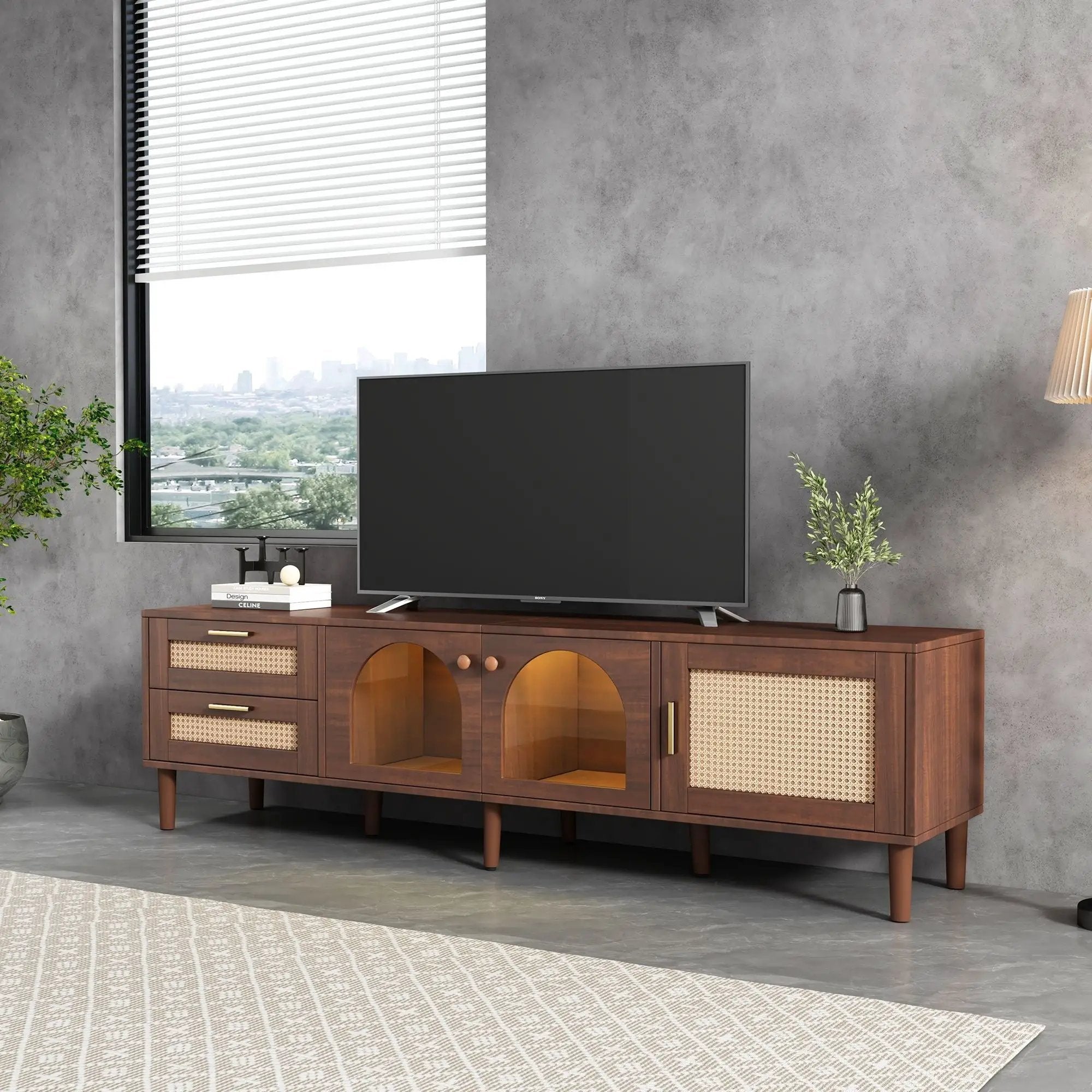 TV Stand With 3 Cabinets & 2 Drawers, LED Light Media Console For TVs Up To 80" - Dark Brown by Unique Piece Furniture