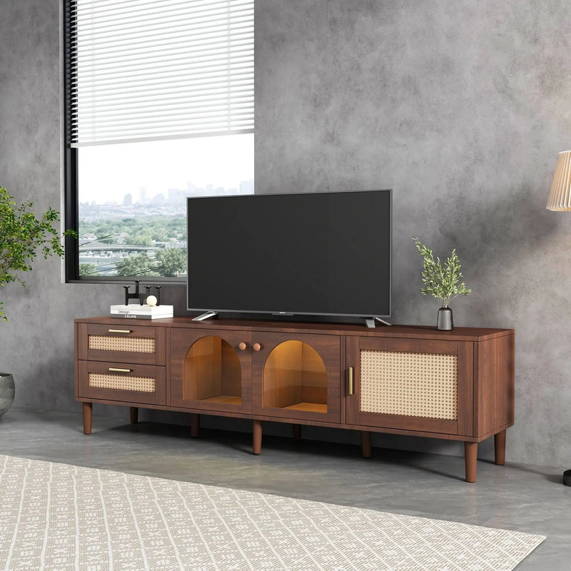 TV Stand With 3 Cabinets & 2 Drawers, LED Light Media Console For TVs Up To 80" - Dark Brown by Unique Piece Furniture