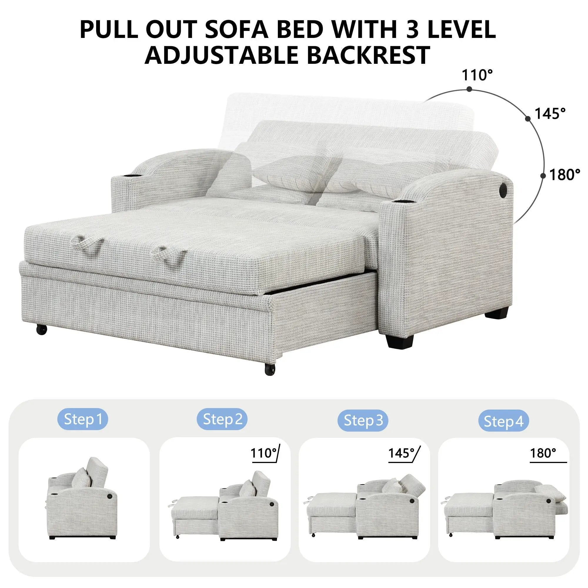Pull Out Loveseat Sofa With Adjsutable Backrest, 2 Pillows, Cup Holders, USB Ports For Living Room by Unique Piece Furniture