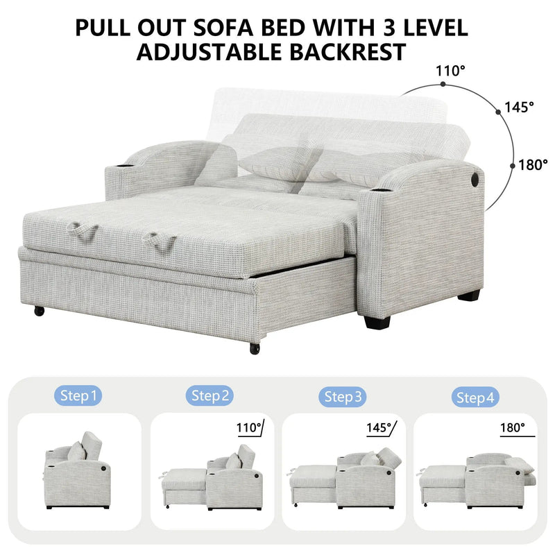 Pull Out Loveseat Sofa With Adjsutable Backrest, 2 Pillows, Cup Holders, USB Ports For Living Room by Unique Piece Furniture