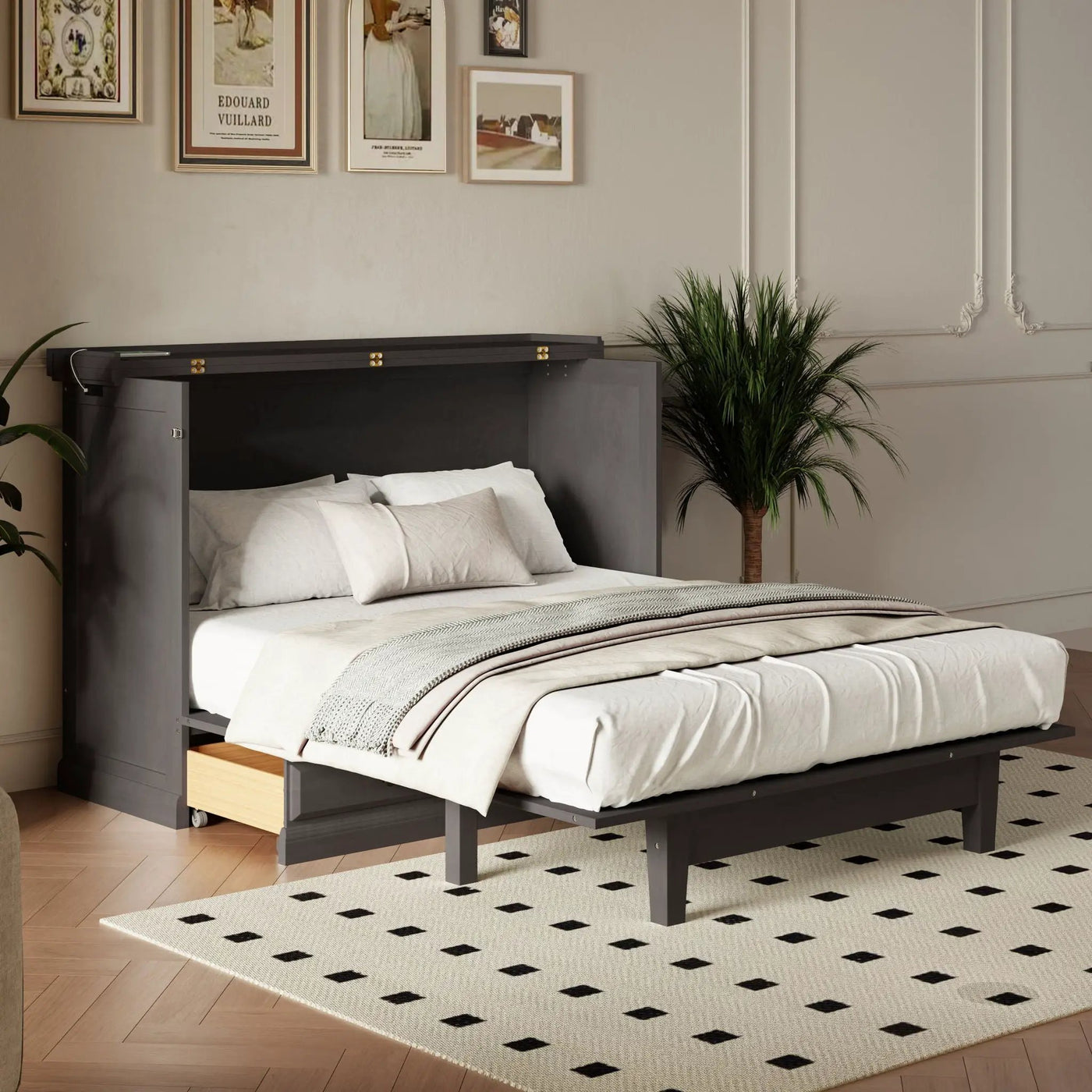 Solid Pine Murphy Bed Chest Cube Cabinet Bed With Charging Station And Large Storage Drawer For Home Office Or Small Room by Unique Piece Furniture