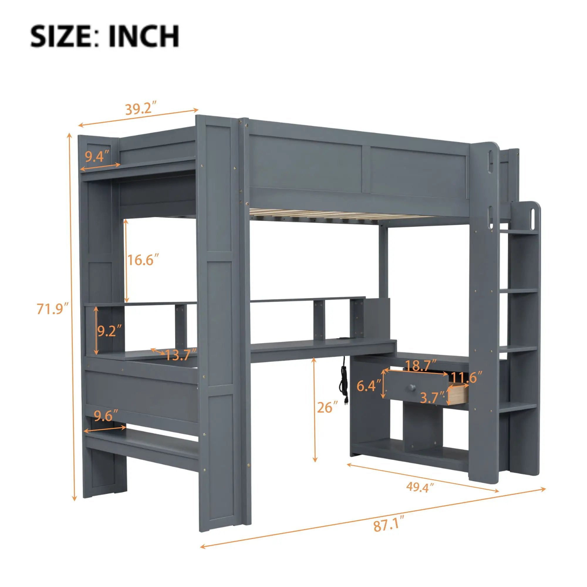 Gaming Loft Bed With Desk, Multi Storage Shelves, LED And Charging Station by Unique Piece Furniture