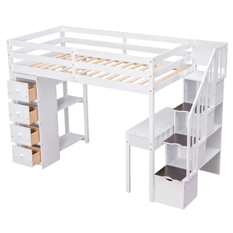 Loft Bed With Storage Drawers, Desk And Stairs With Shelves by HouseOfZazla