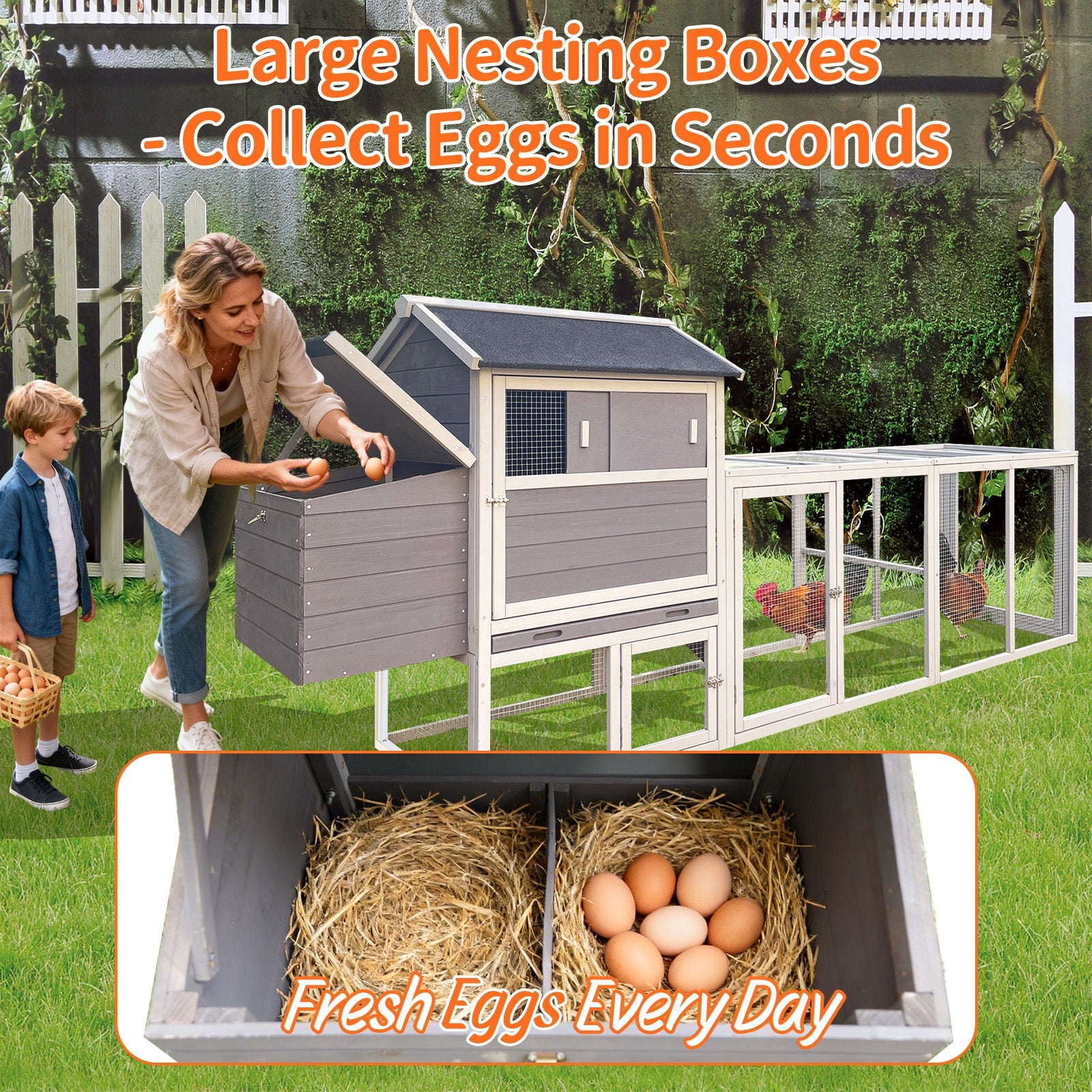 Gray Wooden Chicken Coop with Run and Nesting Box by HouseOfZazla