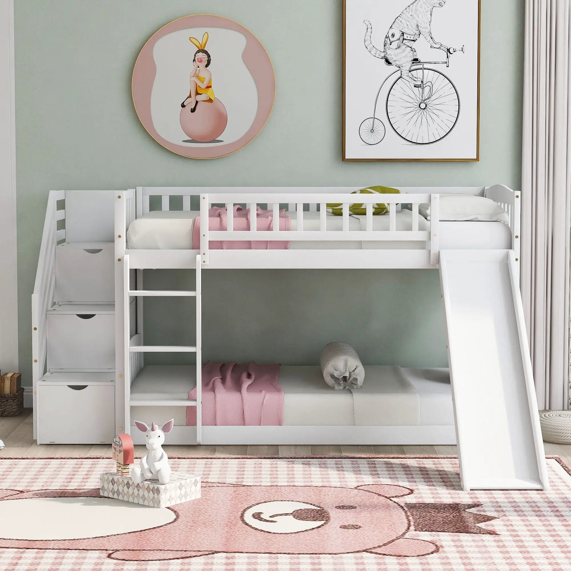 Twin Over Twin Stairway Bunk Bed With Two Drawers And Slide by Unique Piece Furniture
