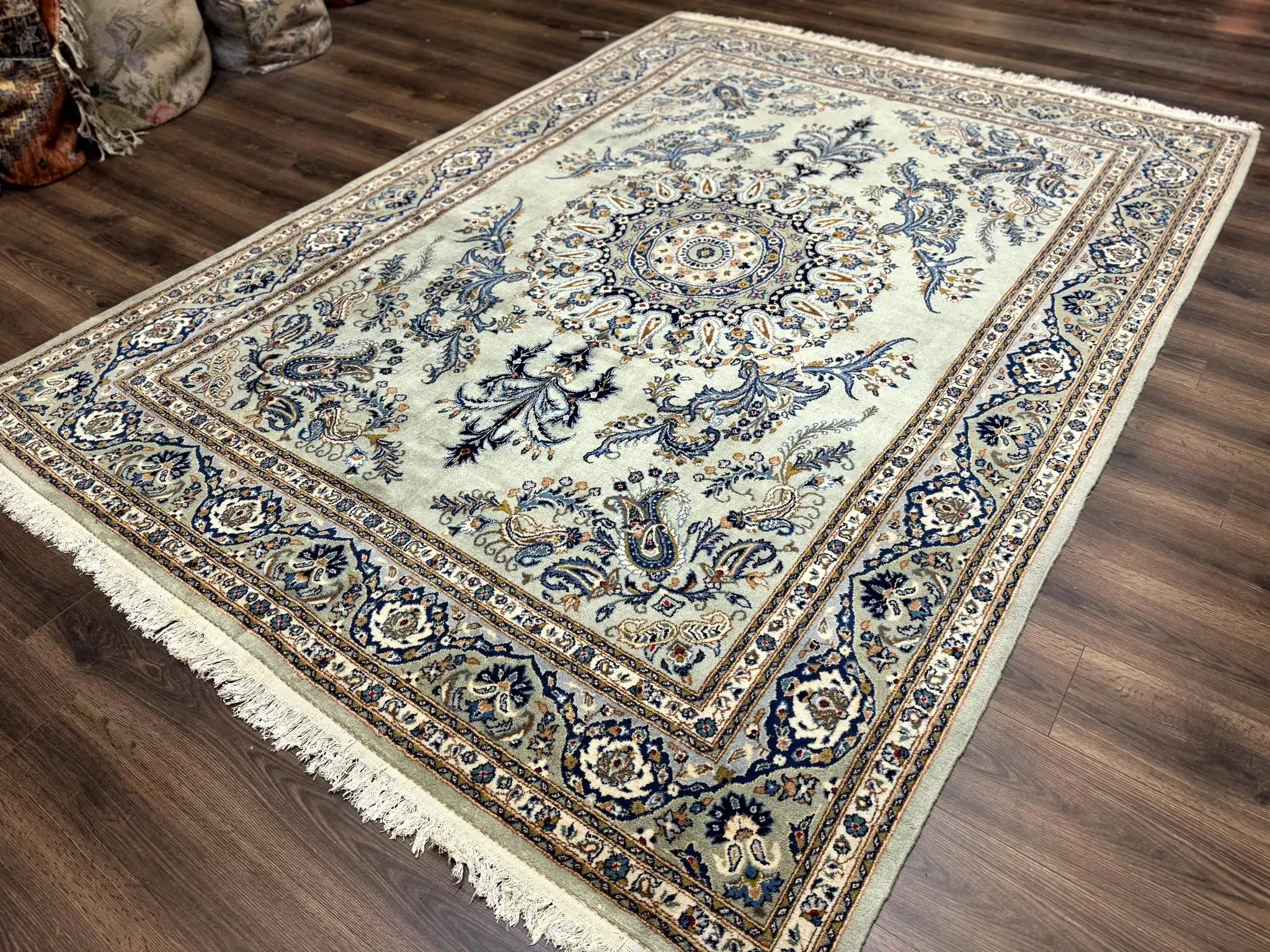 Light Green and Blue Persian Kashan Rug 7x10, Authentic Persian Carpet, Handmade, Wool by Jewel Rugs