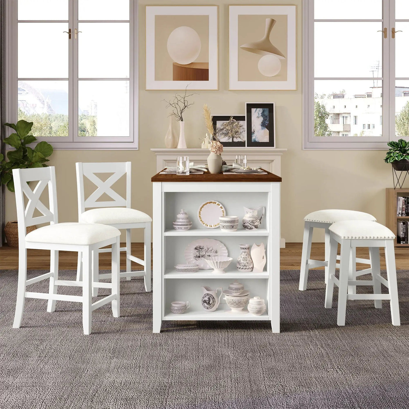 5 Pieces Counter Height Rustic Farmhouse Dining Room Wooden Bar Table Set With 2 Stools And 2 Chairs by Unique Piece Furniture