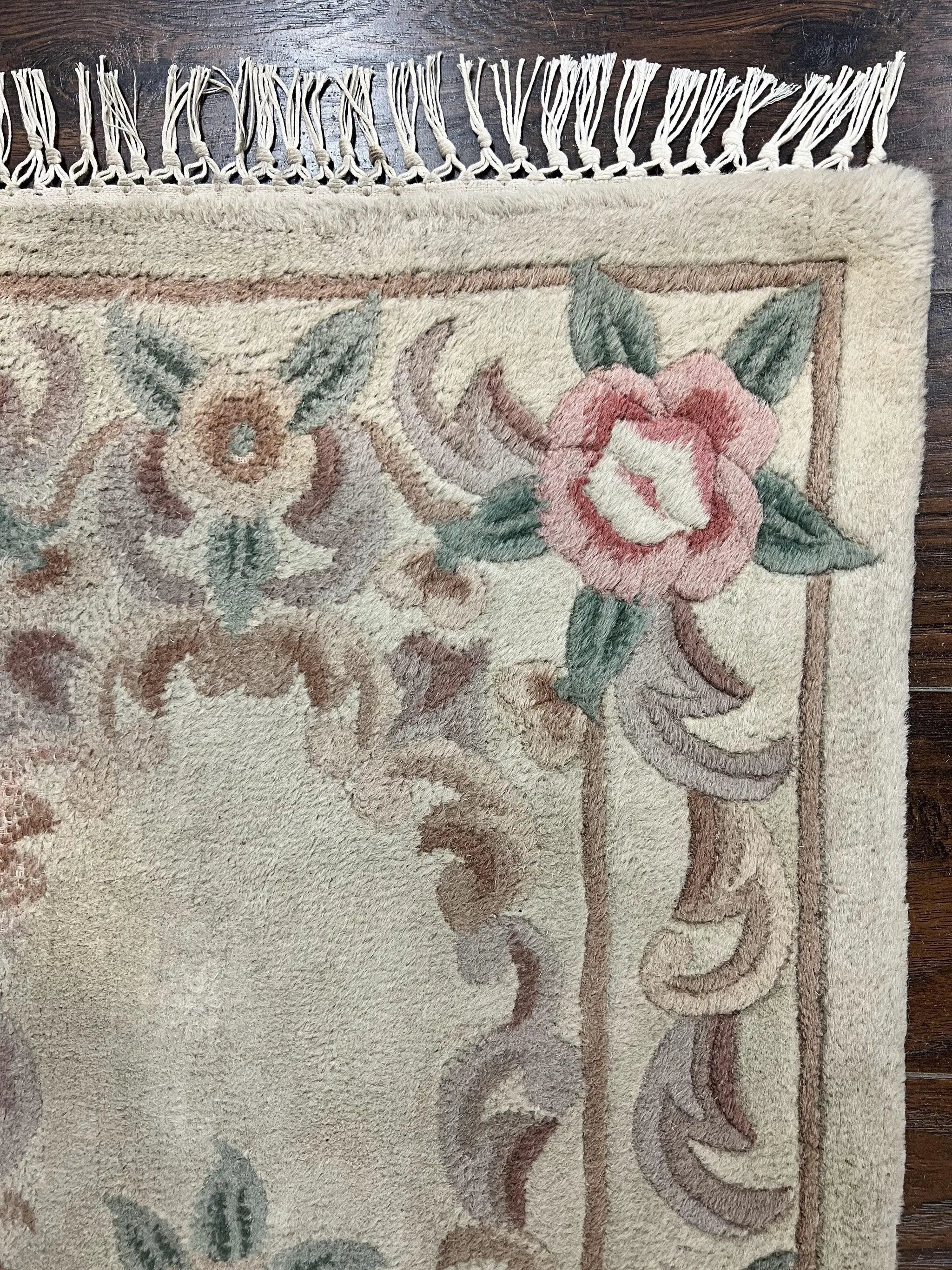 Chinese Aubusson Runner Rug 2.4 x 11, Hand Tufted Beige Floral European Design Hallway Rug, Elegant Rug, Vintage Wool Rug 11ft Long by Jewel Rugs