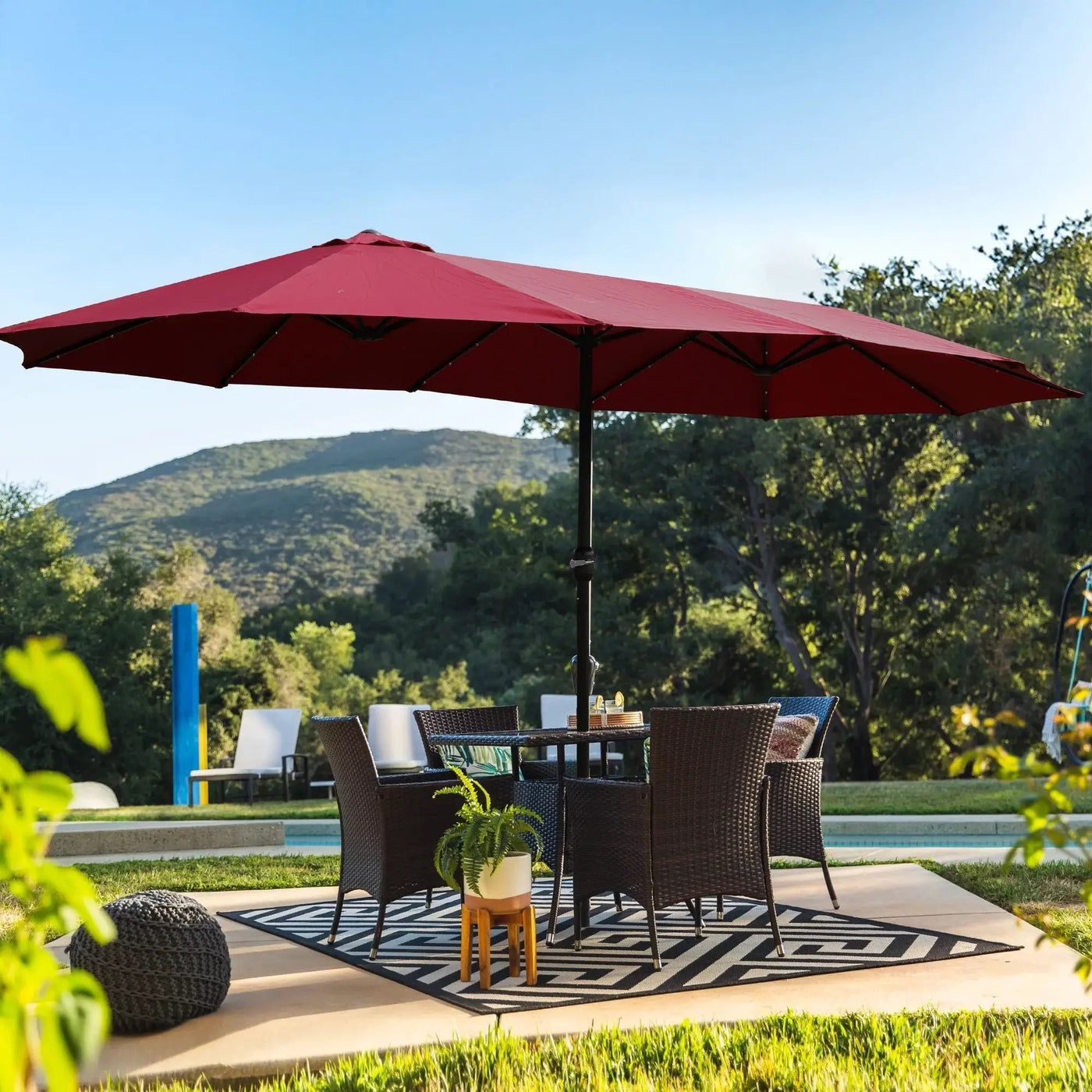 Double-Sided Outdoor Market Umbrella With Lights And Base by HouseOfZazla