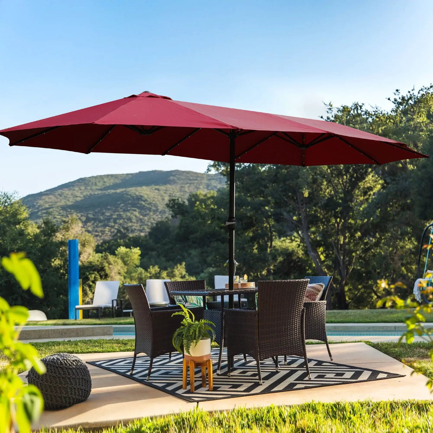 Double- Sided Outdoor Market Umbrella With Lights And Base by Unique Piece Furniture