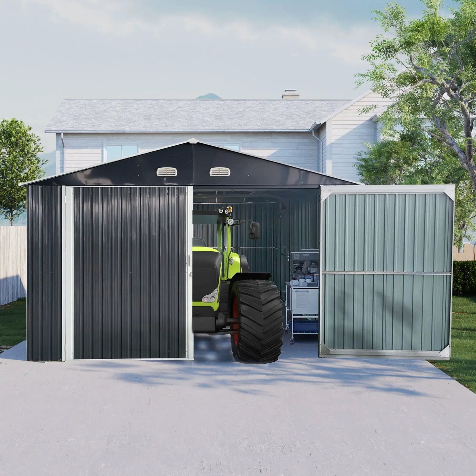 Outdoor Storage Shed Metal Garage Shed For Car, Bike, Lawnmower Backyard Tool House Building 2 Doors And 4 Vents - Black by HouseOfZazla