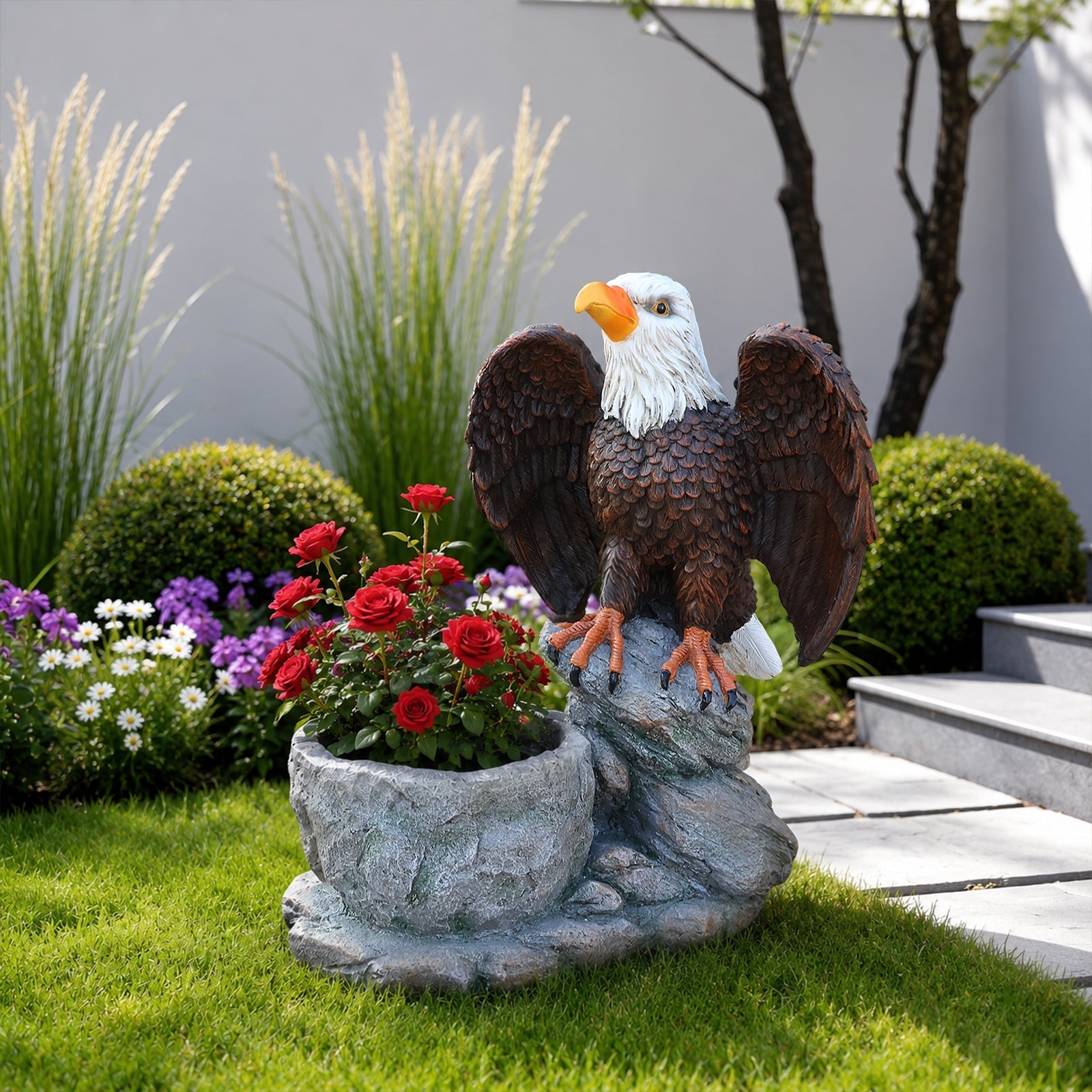 Standing Eagle Statue Garden Planter on Faux Stone Base by HouseOfZazla