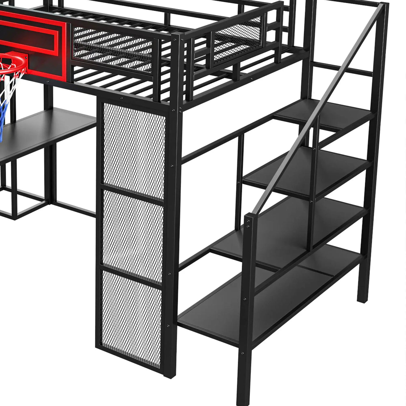 Loft Bed With Built In Desk, Open Wardrobe, Basketball Hoop, Slide And Staircase by HouseOfZazla