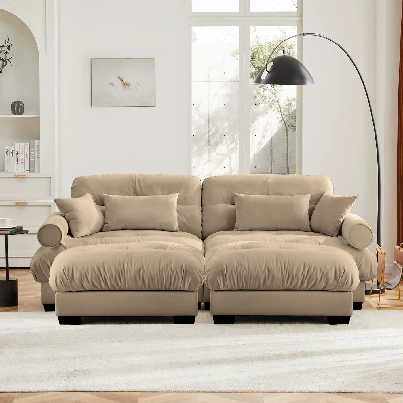Modern Sectional Sofa With Ottoman, Round Bolster Armrests, Waist And Throw Pillows by HouseOfZazla