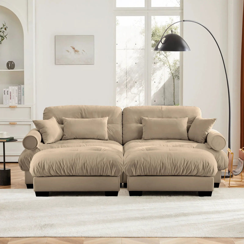 Modern Sectional Sofa With Ottoman, Round Bolster Armrests, Waist And Throw Pillows by HouseOfZazla